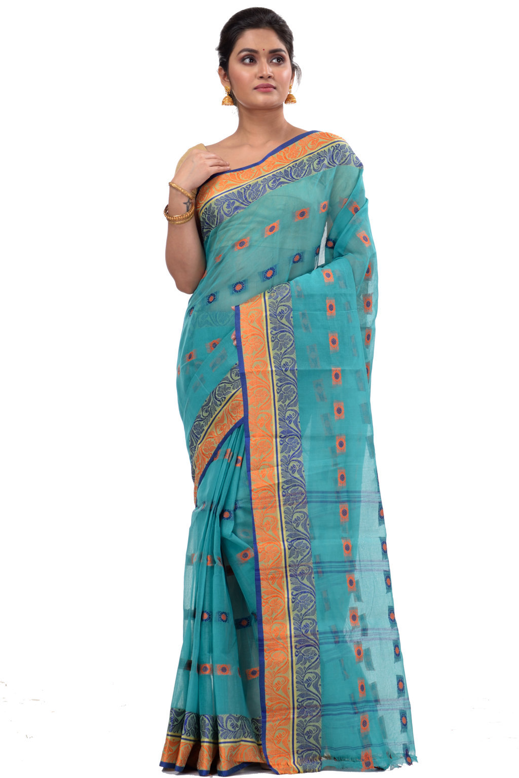Green Pure Cotton Pushti Desiging Tant Saree (233)